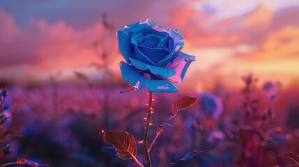 A single blue rose growing in the center of a lush green field, perfect for representing hope and beauty