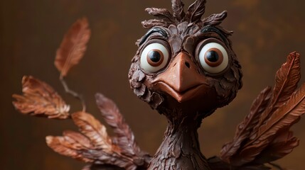 Whimsical chocolate turkey bird sculpture with expressive eyes and detailed feathers on a brown background, Halloween creative card concept
