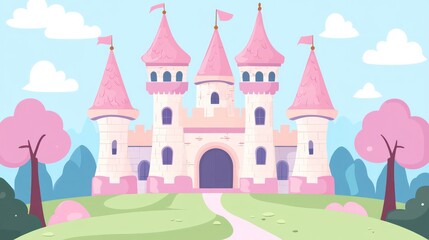 A whimsical castle with pink towers set in a serene landscape.