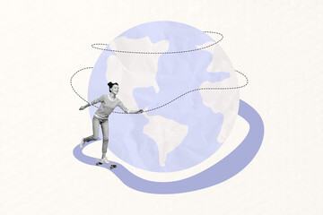 Composite photo collage of happy hipster girl ride skateboard tourist travel earth planet...