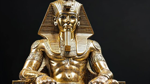 Golden pharaoh statue posing on black background