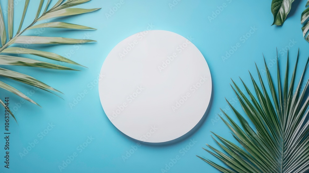 Poster a minimalist circular object surrounded by tropical leaves on a blue background.