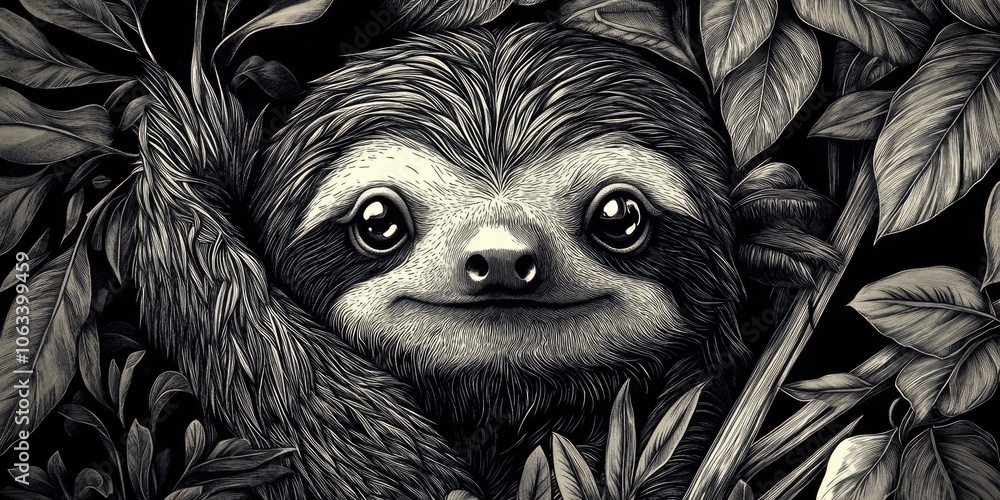 Poster a sloth hangs upside down in a tree branch, illustration style