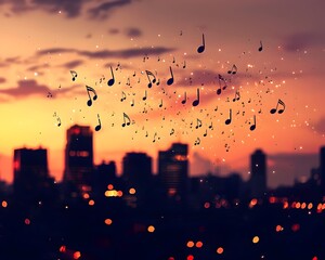 Musical Notes Flowing Through Urban Skyline at Dusk Harmony Between City and Sound