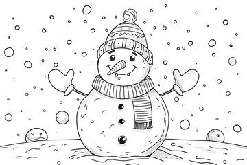 A cheerful snowman with a striped hat and scarf stands in the snow, surrounded by falling snowflakes, evoking a joyful winter atmosphere.