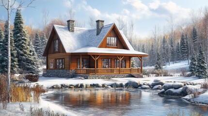 Obraz premium Cozy Log Cabin with Snowy Roof by Serene Lake in Winter Wonderland. Dream Home Concept