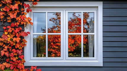 Classic white window frame on grey house siding featuring autumn foliage reflections, with red and orange ivy climbing around, captured in natural light with symmetrical composition.