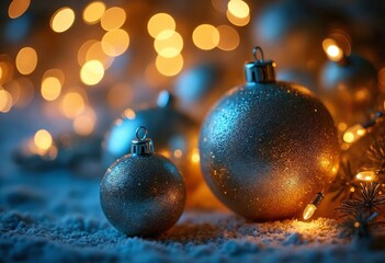 Shimmering Christmas ornaments with sparkling lights create festive atmosphere. golden and blue hues evoke sense of joy and celebration during holiday season