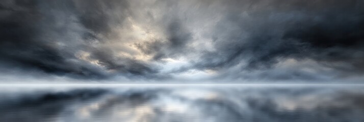 Obraz premium Dramatic stormy sky with soft, gray clouds and a distant horizon reflecting in still water.