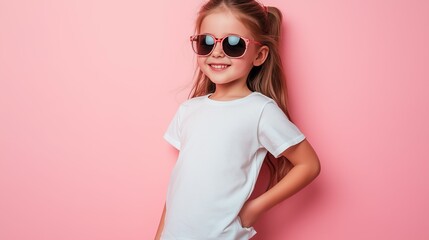 Fototapeta premium Stylish young girl in sunglasses and white t-shirt posing confidently against a pink background with copy space
