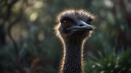 a striking Emu, a large, flightless bird native to Australia. Its distinctive black plumage and spiky hairdo give it a unique and somewhat comical appearance.