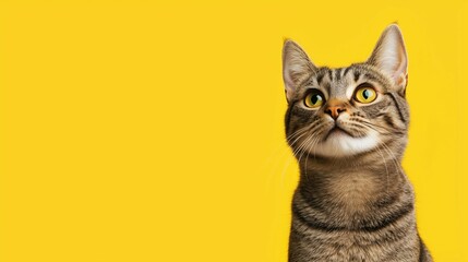 Curious tabby cat with bright yellow eyes looking up against a bold yellow background with copy space, showcasing contrast and charm