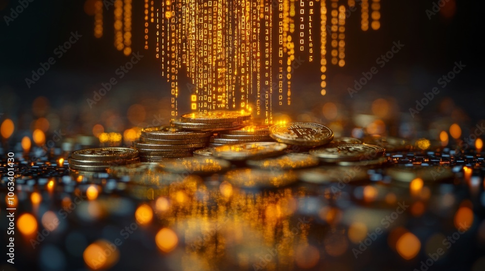 Poster Stacks of coins are illuminated against a backdrop of shimmering binary code, creating a captivating digital currency theme that evokes innovation.