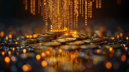 Stacks of coins are illuminated against a backdrop of shimmering binary code, creating a captivating digital currency theme that evokes innovation.