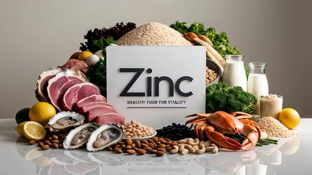 Various different food vegetables with the sign zinc
