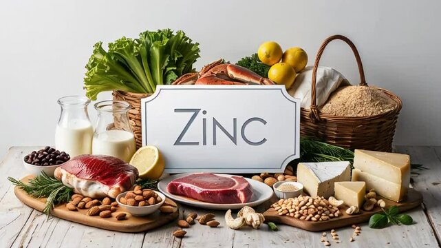 Various different food vegetables with the sign zinc