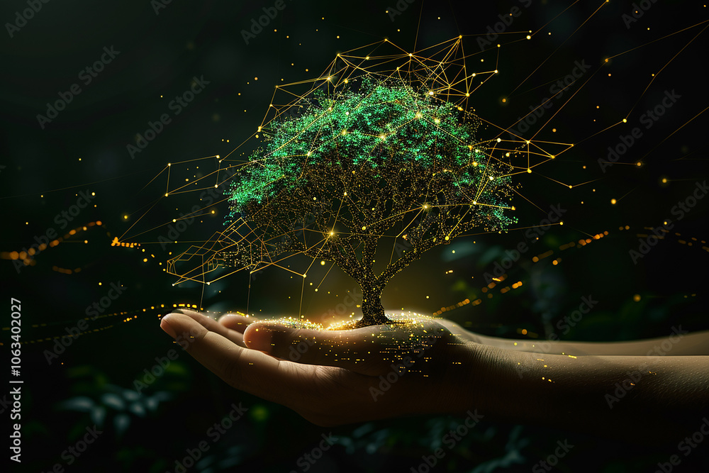 Poster hands holding a tree of life made from bright green data points on a black background