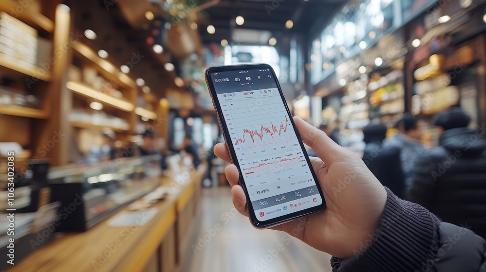 Aufkleber a person is holding a smartphone displaying stock market trends in a lively urban marketplace filled