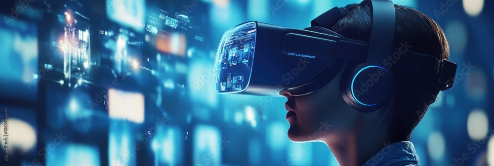 Poster a person wearing a vr headset experiencing immersive virtual reality with glowing blue data patterns