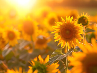 Obraz premium Vibrant sunflower field glows in golden sunlight, creating a stunning and serene natural landscape view.