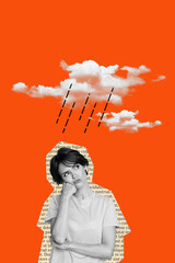 Vertical photo collage of dissatisfied girl stand rainstorm autumn bad weather melancholy mood...