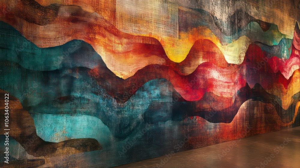 Poster Abstract mural featuring flowing waves of color in warm and cool tones.