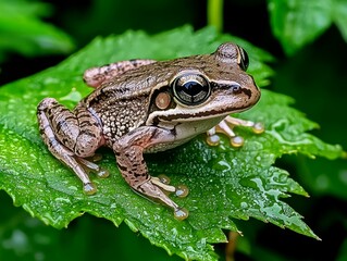 Obraz premium A close-up of a frog resting on a green leaf with water droplets.