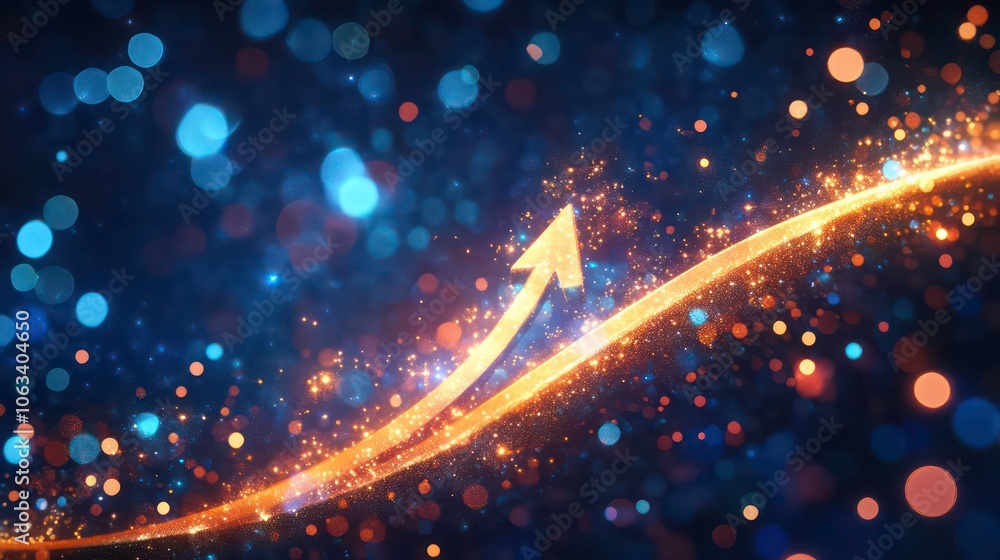 Poster with light trails and energy particles surrounding an upward-pointing arrow