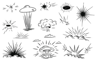 A collection of hand-drawn illustrations featuring various explosion effects, including a nuclear explosion, a meteor strike, and a bright star. ©  MVectors