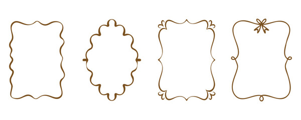 Four different decorative frames in a brown outline, ready to be used for various purposes. They feature unique shapes and styles, including wavy, rounded, and floral elements.