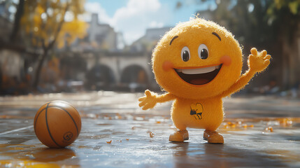a cheerful character mascot in basketball gear, aiming for a shot on a larg