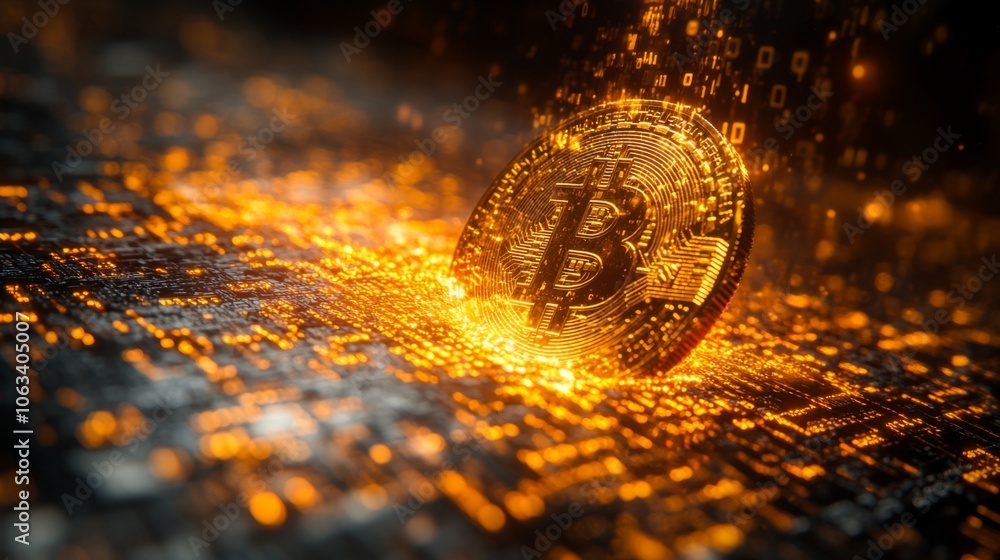 Poster A golden Bitcoin stands out against a backdrop of shimmering binary code, symbolizing the intersection of finance and technology in the digital age.