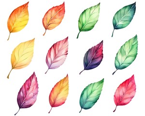 Vibrant Watercolor Autumn Leaves Gradient Swirling Pattern on White Background