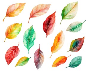 Fototapeta premium Vibrant Watercolor Autumn Leaf Set in Swirling Pattern on White Background