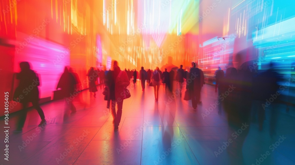 Poster a defocused perspective of an art space with swirling colors and blurred figures creating a sense of