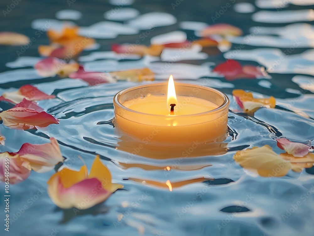 Poster serene candle floating on calm water surface with petals creating a peaceful and meditative atmosphe