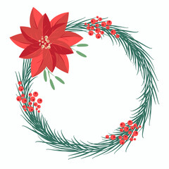 Elegant vector Christmas wreath with festive pine branches, poinsettia flower, holly berries, and mistletoe leaves. Festive winter decor for holiday cards, invitations, and seasonal designs