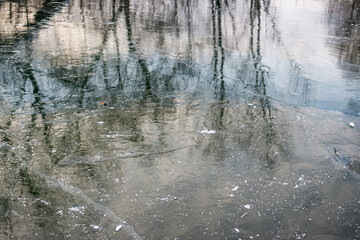 First thin ice on the river surface at the beginning of winter