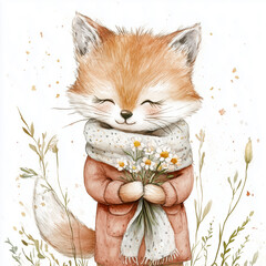 Cute little fox holding flowers, watercolor illustration, greeting card on white background, for birthday party, kids book, sticker, fabric T-shirt, wall art, cover book	