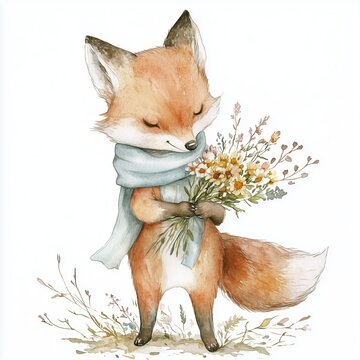 Cute little fox holding flowers, watercolor illustration, greeting card on white background, for birthday party, kids book, sticker, fabric T-shirt, wall art, cover book	