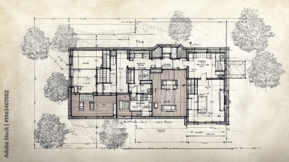 Poster blueprint close-up of a home layout with labeled areas and dimensions, walls and beams clearly marke