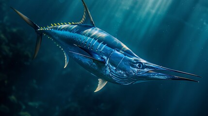 Naklejka premium A stunning blue marlin glides through deep waters, displaying vibrant colors and grace