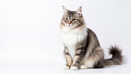 Close-up of a grey and white Maine Coon cat with detailed fur and piercing eyes on a plain white background