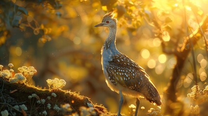 The bustard enjoys the serene twilight, surrounded by vibrant foliage and soft lighting