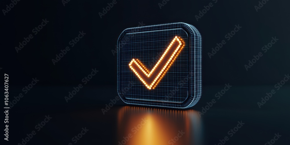 Poster a glowing, digital checkmark icon against a dark background, symbolizing validation and approval in 