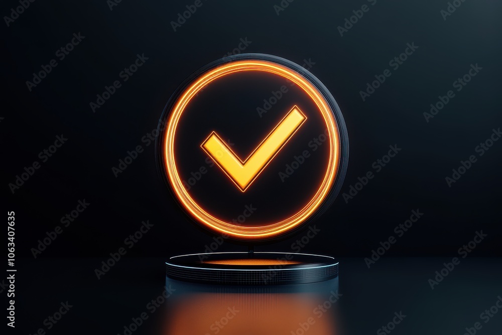 Poster a glowing orange checkmark inside a circular frame, symbolizing approval or completion against a dar