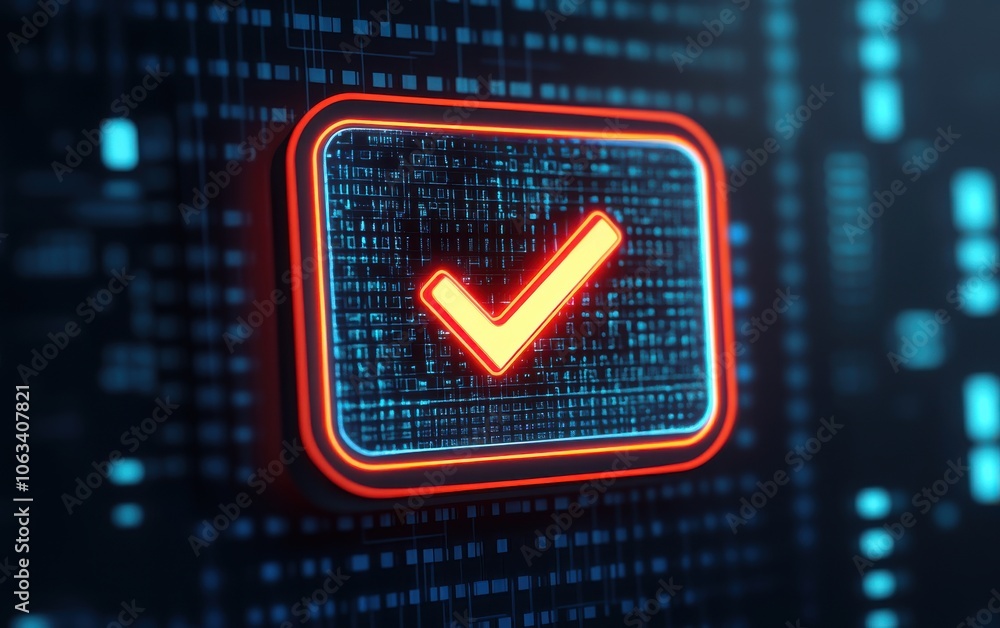 Poster a glowing checkmark icon against a digital background, symbolizing validation and success in a techn