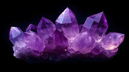 Fototapeta premium Deep purple amethyst crystal cluster showcasing natural mineral formations, geometric crystal points, and translucent gemstone texture captured with dramatic lighting.