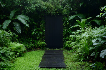 Naklejka premium Black Doorway to a Lush Garden, green foliage, tropical plants, ferns, pathway, stone path