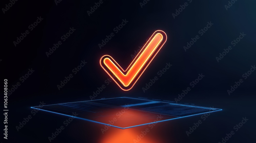 Poster a glowing orange checkmark is displayed above a digital blue grid, symbolizing confirmation and appr